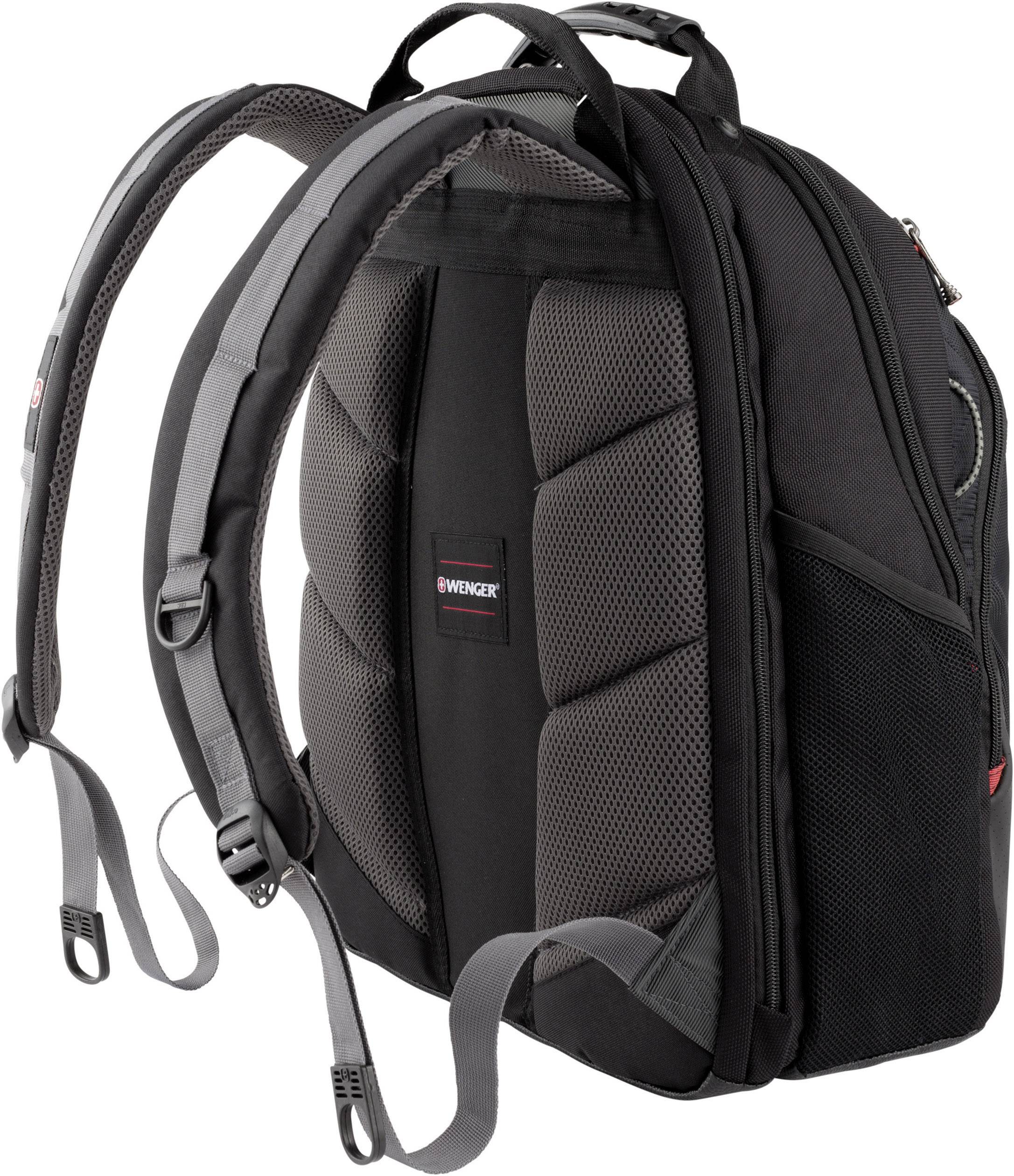 Ein schwarzer Rucksack mit gepolsterten Schulterriemen und mehreren Fächern, geeignet für den Transport von Laptops und Büchern.