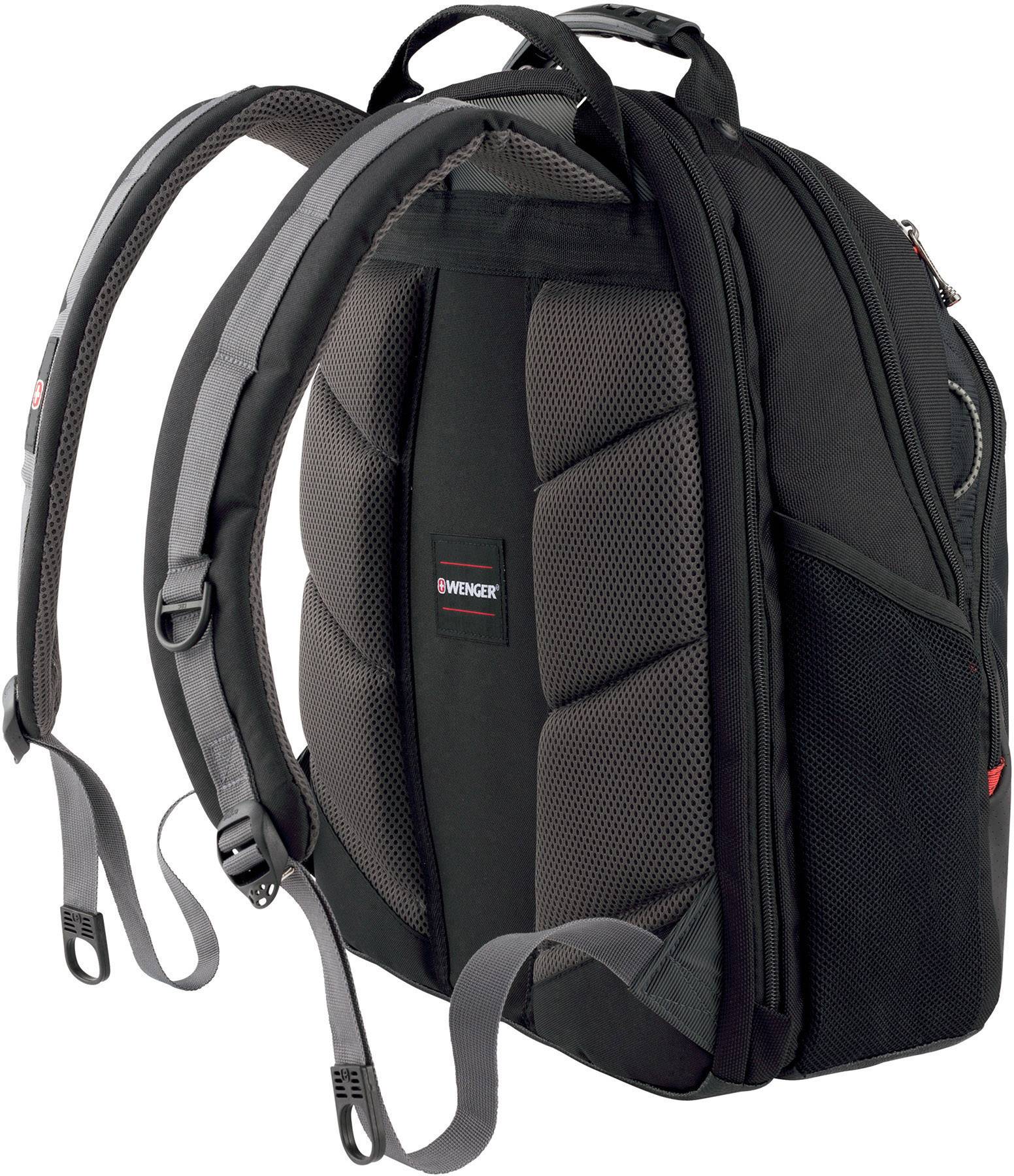Schwarzer Rucksack mit gepolsterten Schultergurten und atmungsaktiver Rückseite, geeignet für Laptops.