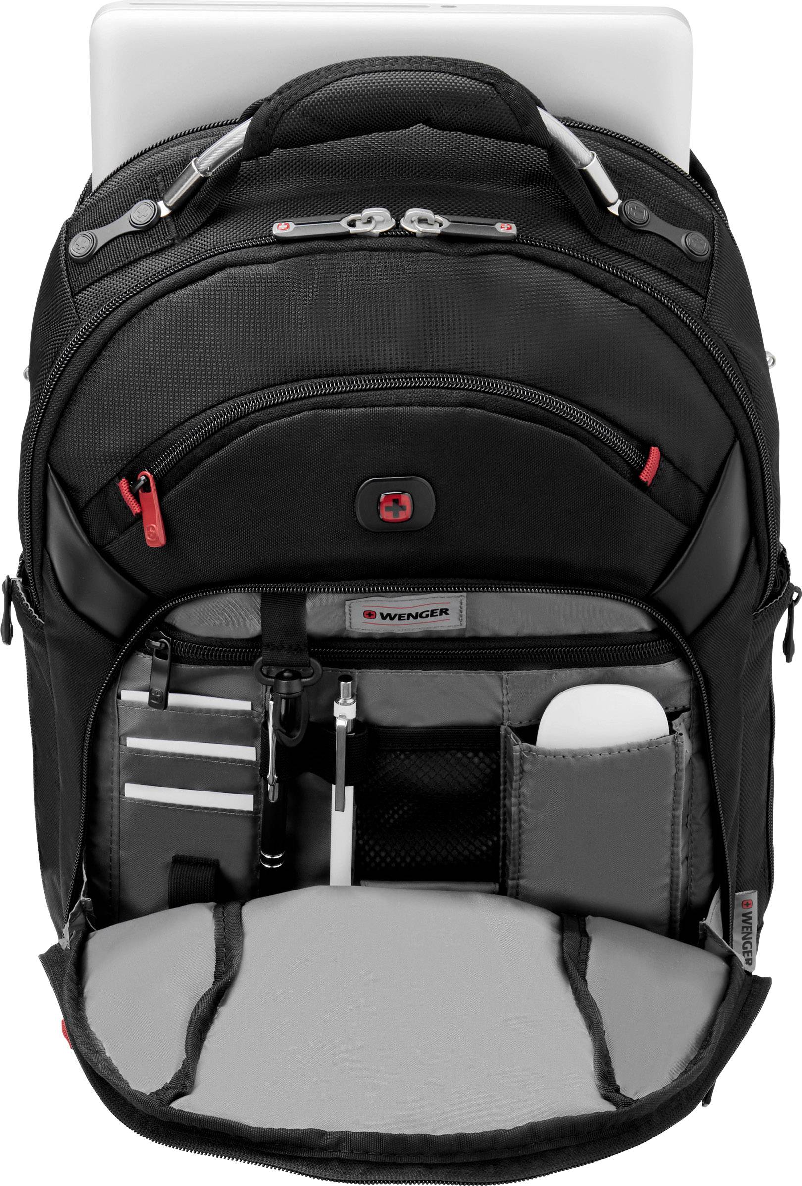 Schwarzer Rucksack mit vielen Fächern. Vordertasche zeigt verschiedene Büromaterialien wie Stifte und Notizbücher. Ideal für Pendler.