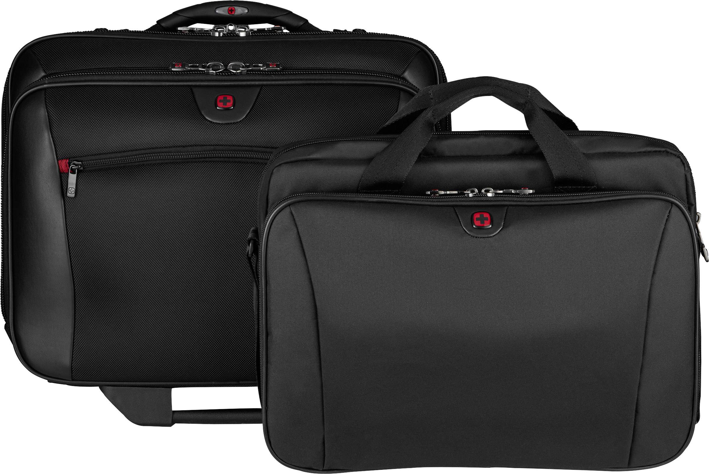 Zwei schwarze Business-Taschen mit Handgriffen, eine mit Rollen und ausfahrbarem Griff, beide mit roten Logos. Ideal für Geschäftsreisen.