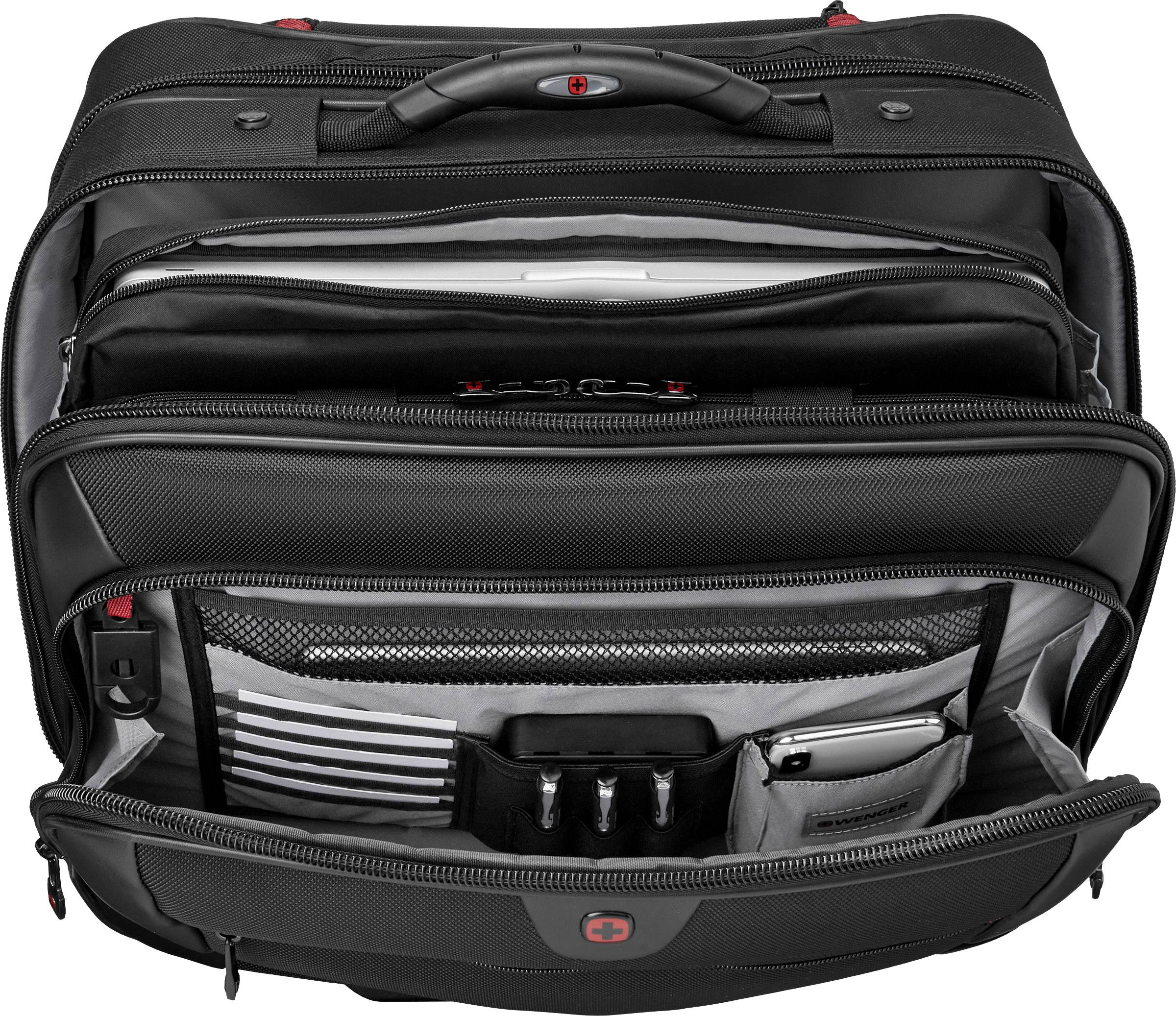 Ein geöffneter schwarzer Business-Rucksack zeigt mehrere Fächer, darunter eins mit einem Laptop und andere für Dokumente und Zubehör.
