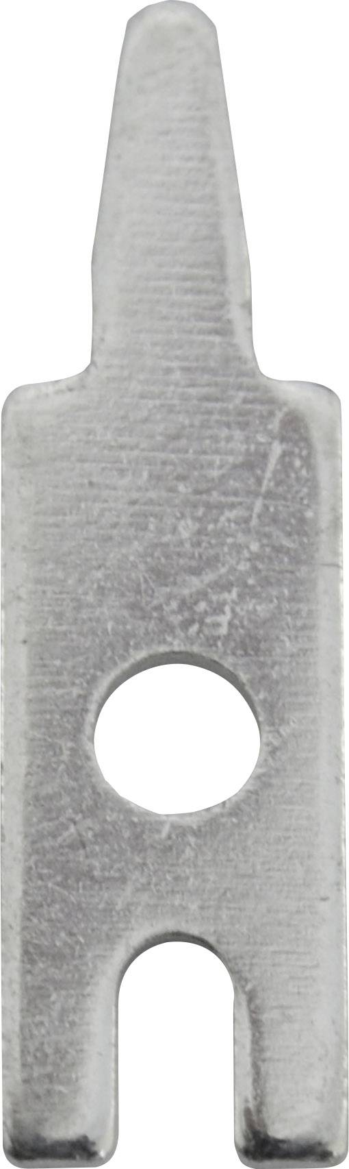Ein flacher, metallischer Gegenstand mit mittigem Loch und einer Einkerbung unten. Möglicherweise ein Werkzeug oder eine Halterung.