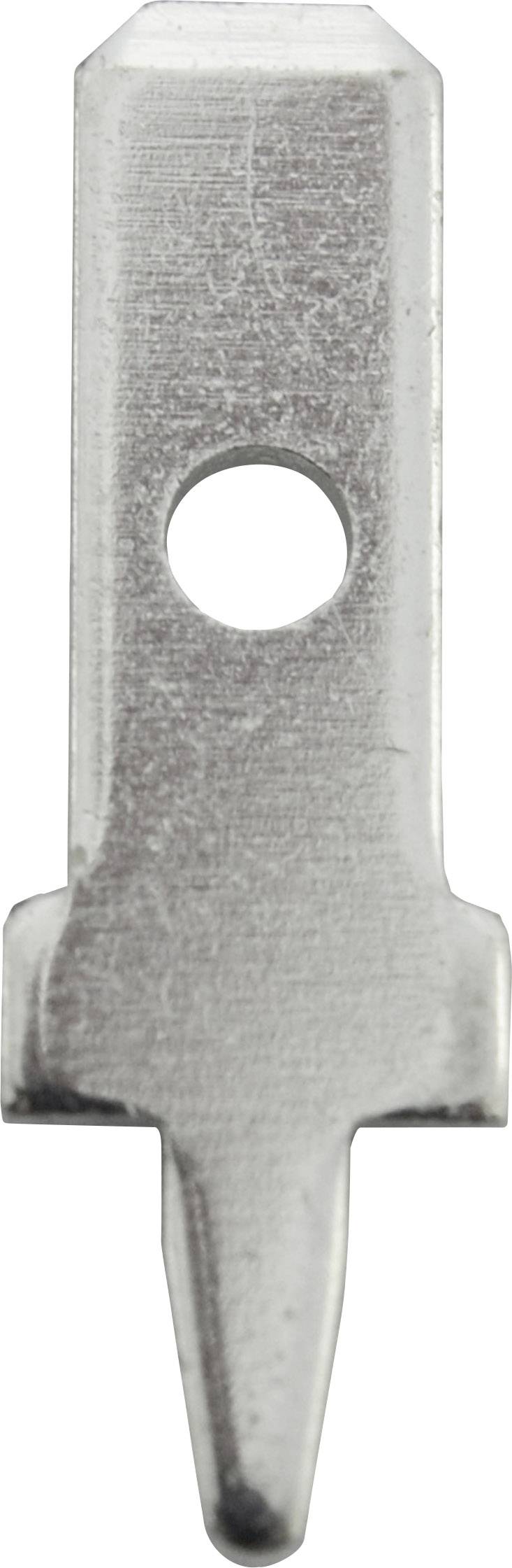 A silver-coloured metal hook in the shape of an arrow, with a hole in the centre, set against a white background.