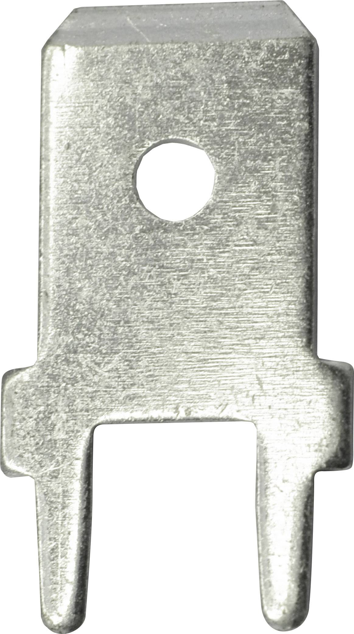 Metal terminal bridge with two contact pins and a central hole. It is used in electrical connections.