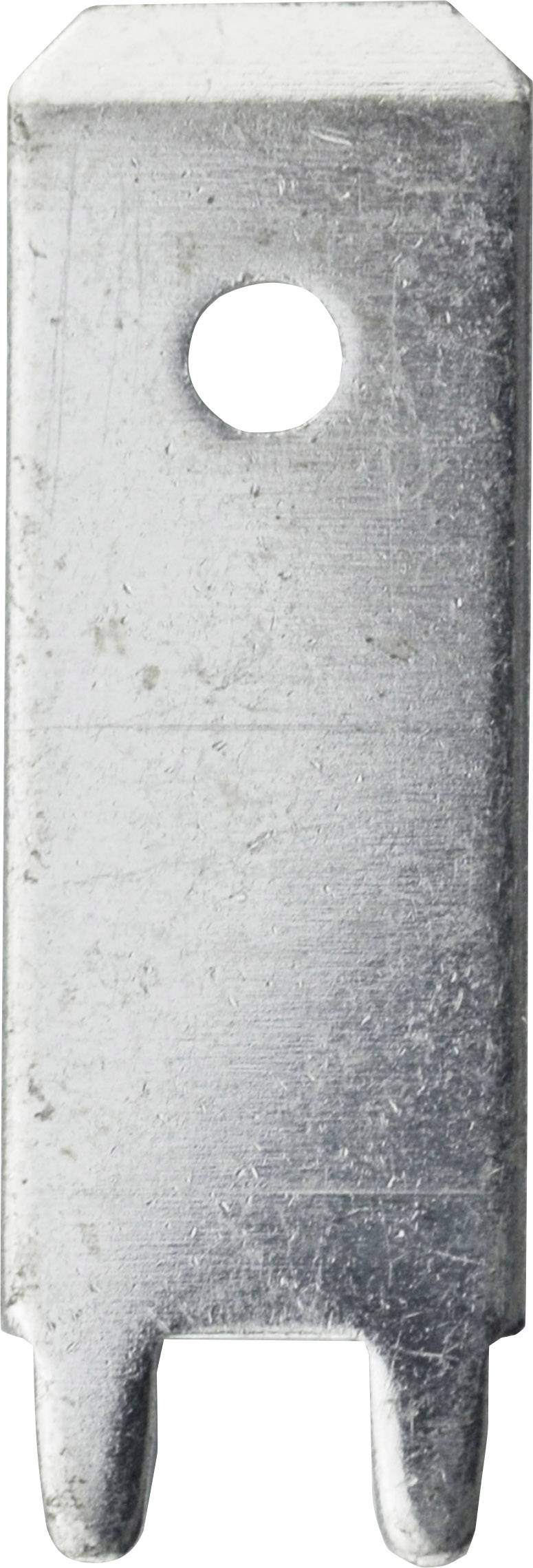 Ein kleines, rechteckiges Metallstück mit einem runden Loch in der Mitte, das Teil eines größerem Mechanismus sein könnte.