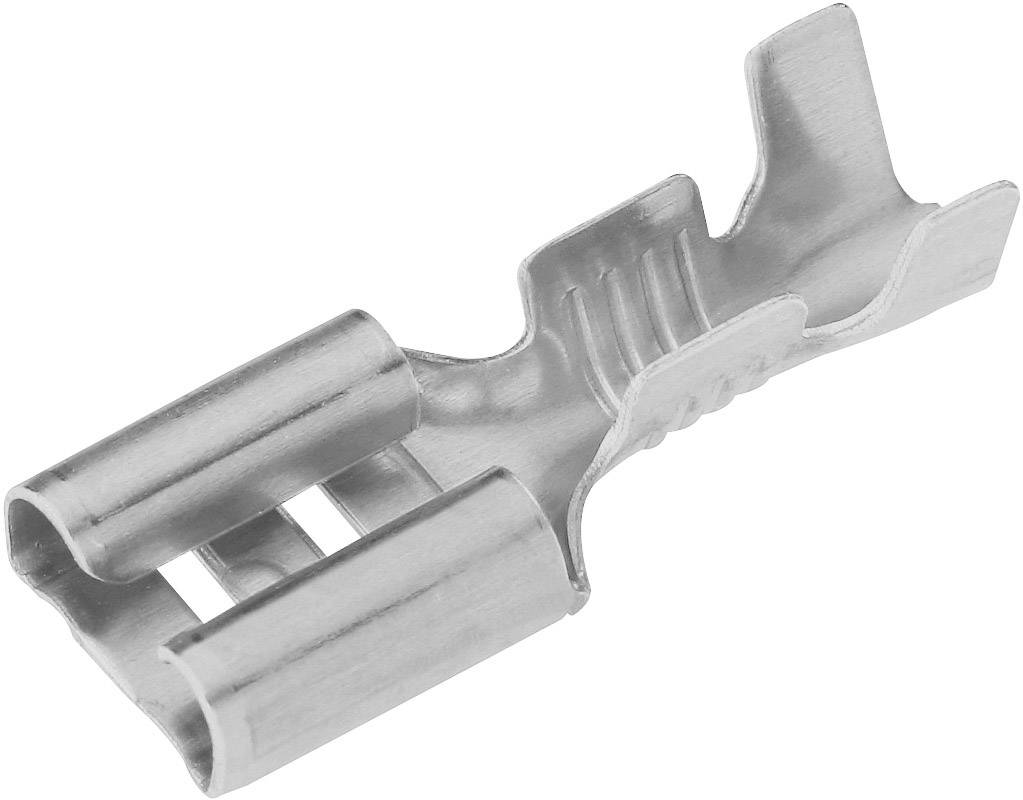 A single metallic flat blade terminal in silver colour, shown from the side and used for electrical connections.