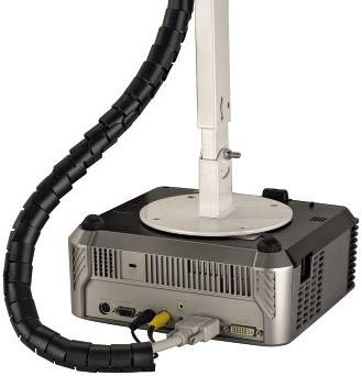 Ein Projektor mit einem flexiblen Kabelarm, der für Deckenmontage geeignet ist. Rückseite mit Anschlüssen.