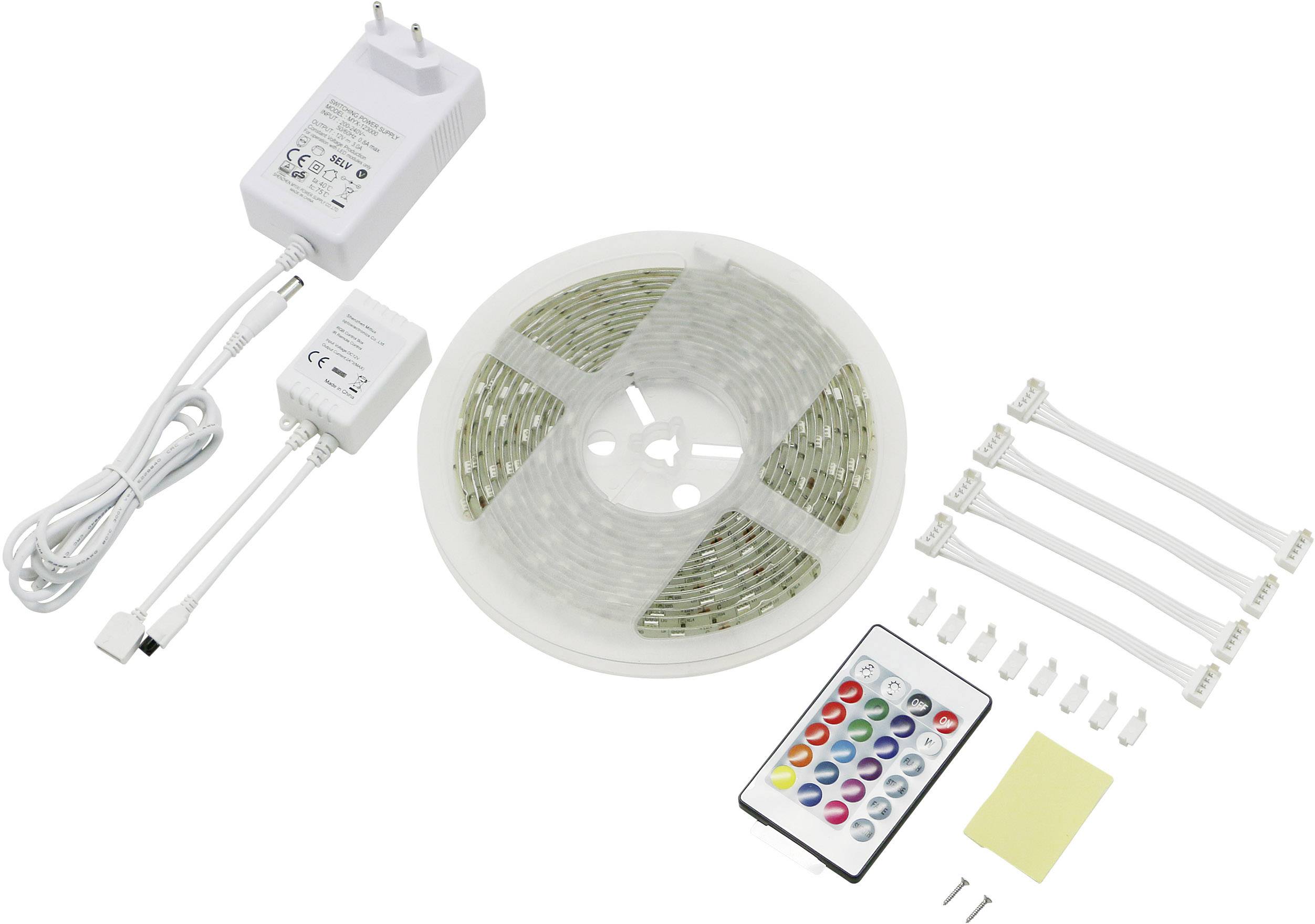 LED-Lichtstreifen-Set mit Fernbedienung und Netzteil. Beinhaltet Steckverbinder, Befestigungsmaterial und Bedienungsanleitung.