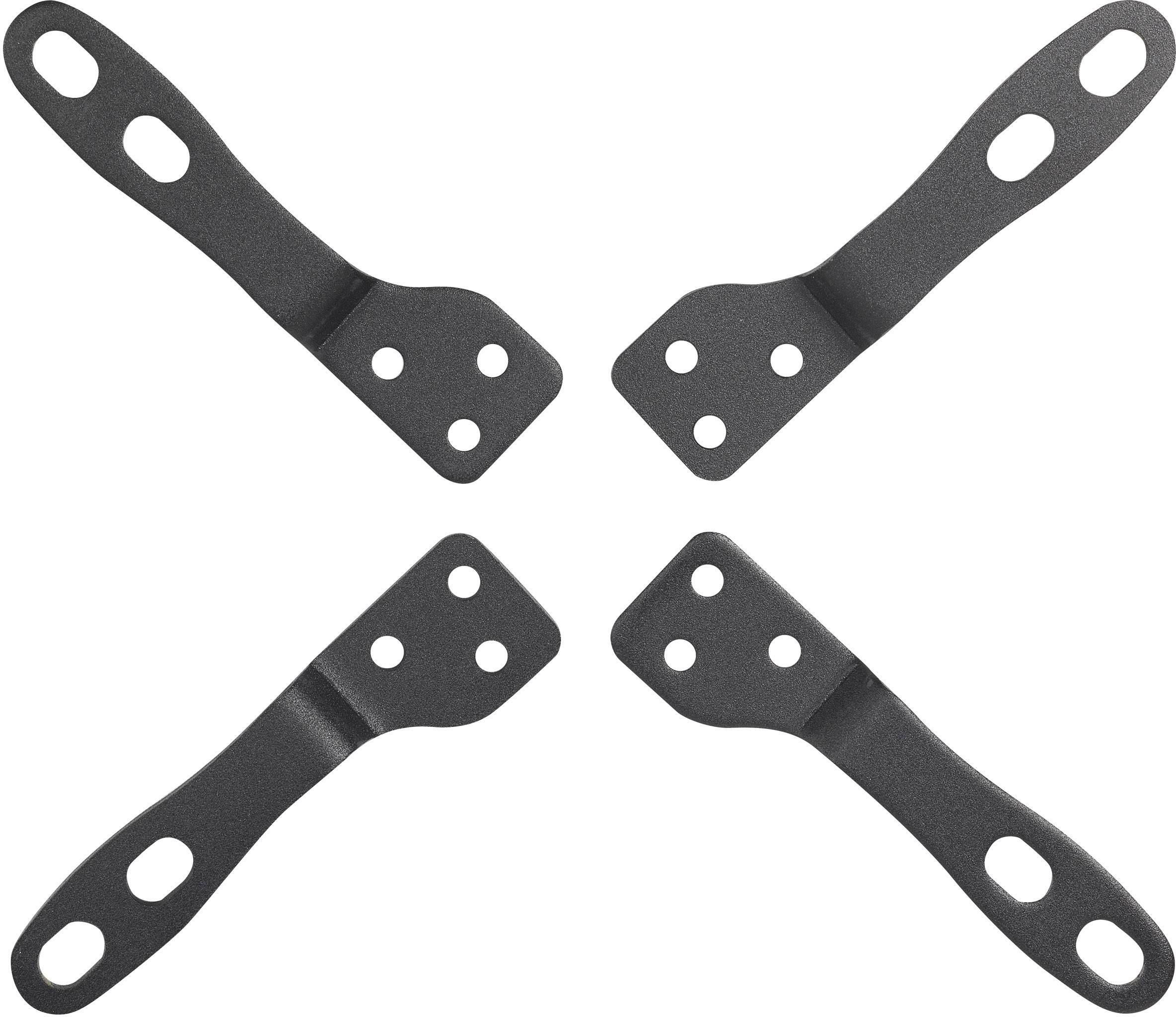 Vier schwarze Metallwinkel, symmetrisch angeordnet, mit jeweils drei Löchern an den Enden, vermutlich Montagematerial.