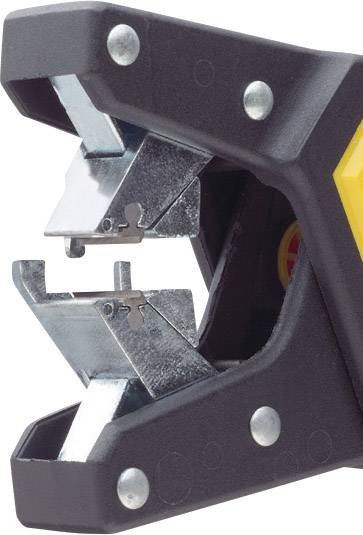 Nahaufnahme eines Kabelabisolierwerkzeugs in geöffnetem Zustand, zeigt die Metallklingen und den schwarzen Kunststoffgriff.