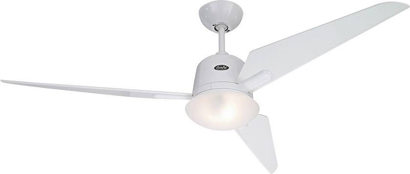 Weißer Deckenventilator mit drei Flügeln, zentraler Leuchte und einfacher Halterung an der Decke.