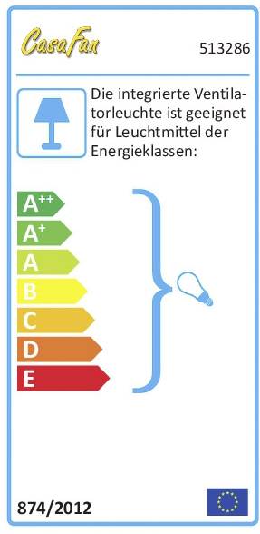 'Die integrierte Ventilatorleuchte ist geeignet für Leuchtmittel der Energieklassen A++ bis E.' Energielabel mit Farbskala.