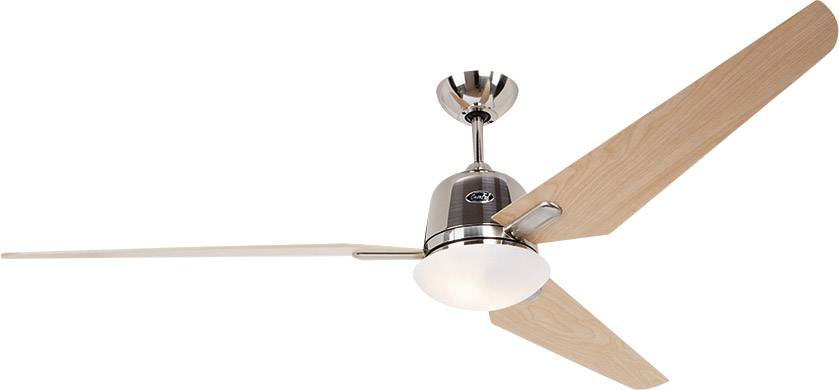 Ein Deckenventilator mit zwei hellbraunen Holzflügeln und einem metallischen Gehäuse in der Mitte.
