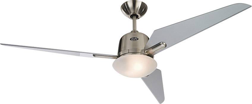 Deckenventilator mit drei langen, schmalen Flügeln, Metallgehäuse und integriertem Licht in der Mitte.