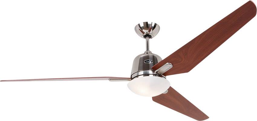 Ein Deckenventilator mit drei Holzflügeln und einer Metallhalterung, die an der Decke montiert ist. Der Ventilator hat ein schlichtes, modernes Design.