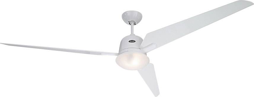 Deckenventilator in modernem Design mit drei weißen Flügeln und integriertem Licht in der Mitte.