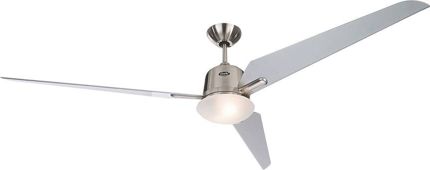 Deckenventilator mit drei langen, schmalen Flügeln und einem zentralen, beleuchteten Gehäuse in moderner Metalloptik.