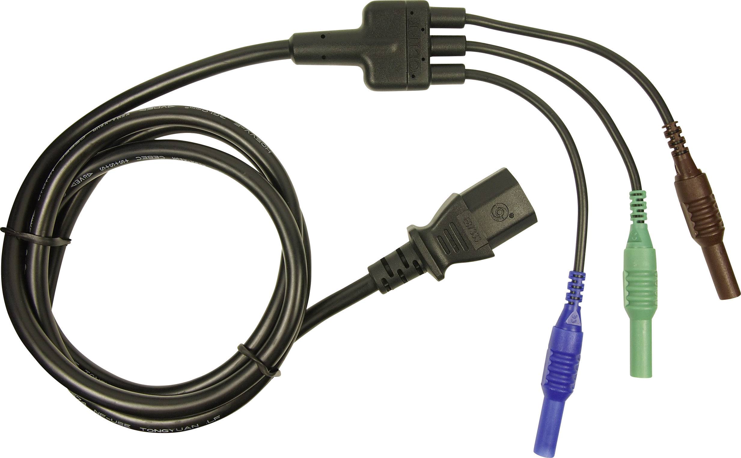 Ein Netzkabel mit drei verschiedenen farbigen Anschlusssteckern, gefertigt zur Stromversorgung und Datenübertragung.