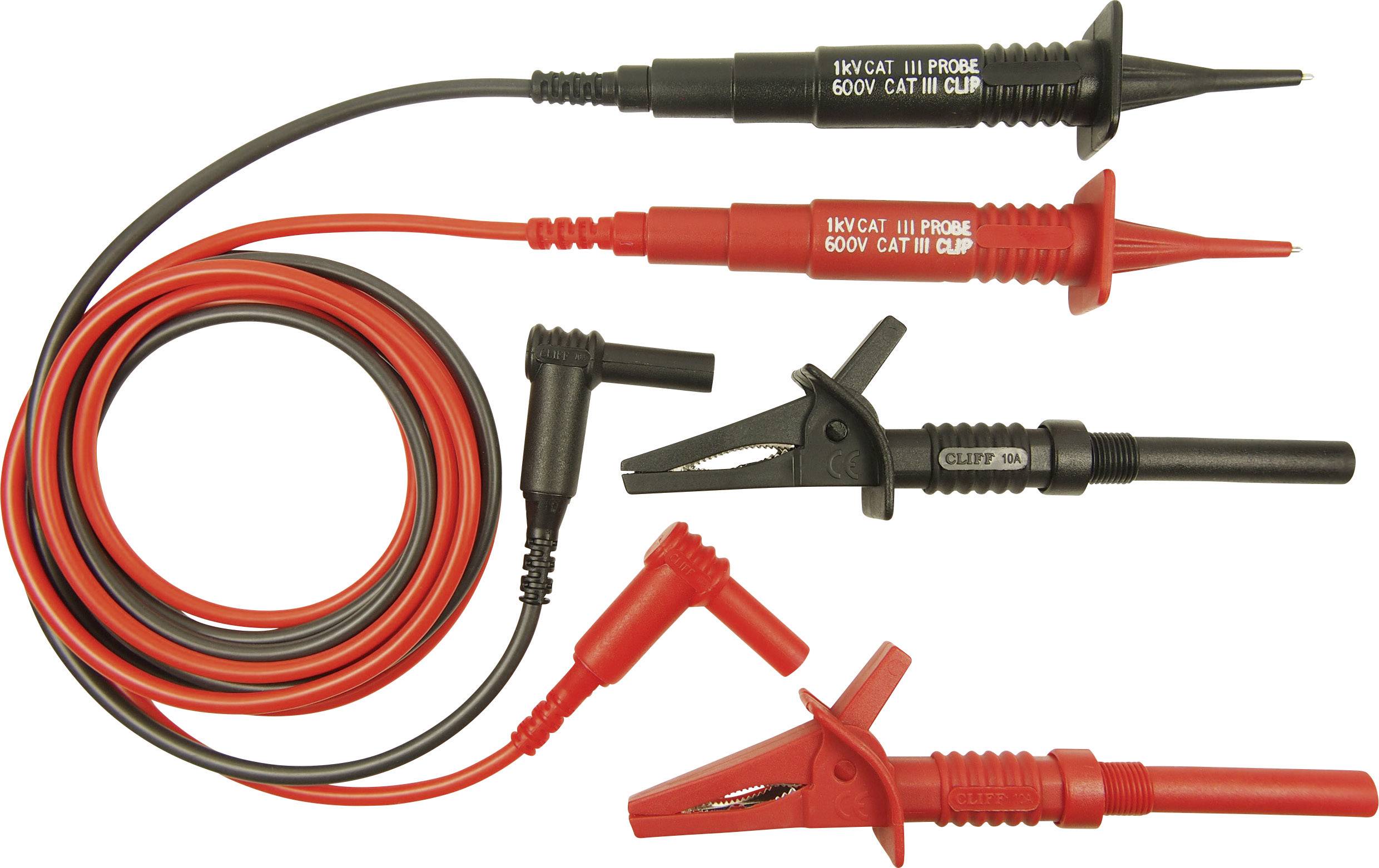 Zwei Messleitungen mit Krokodilklemmen: eine rote und eine schwarze. Geeignet für bis zu 1000V und CAT III 600V.