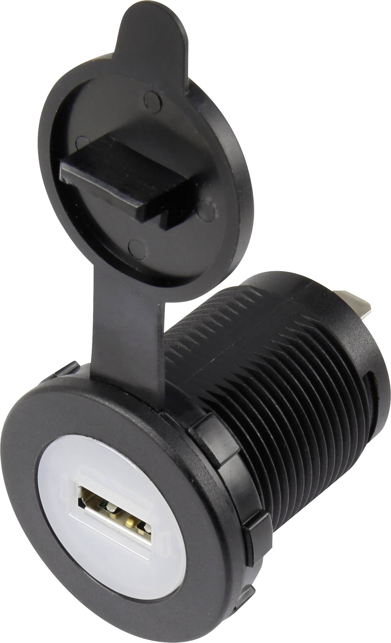 USB-Einbaubuchse mit Staubschutzkappe Buchse, Einbau vertikal 1-fach, Front rund Ø 36.8 mm, mit blauer Beleuchtung 1229306 TRU