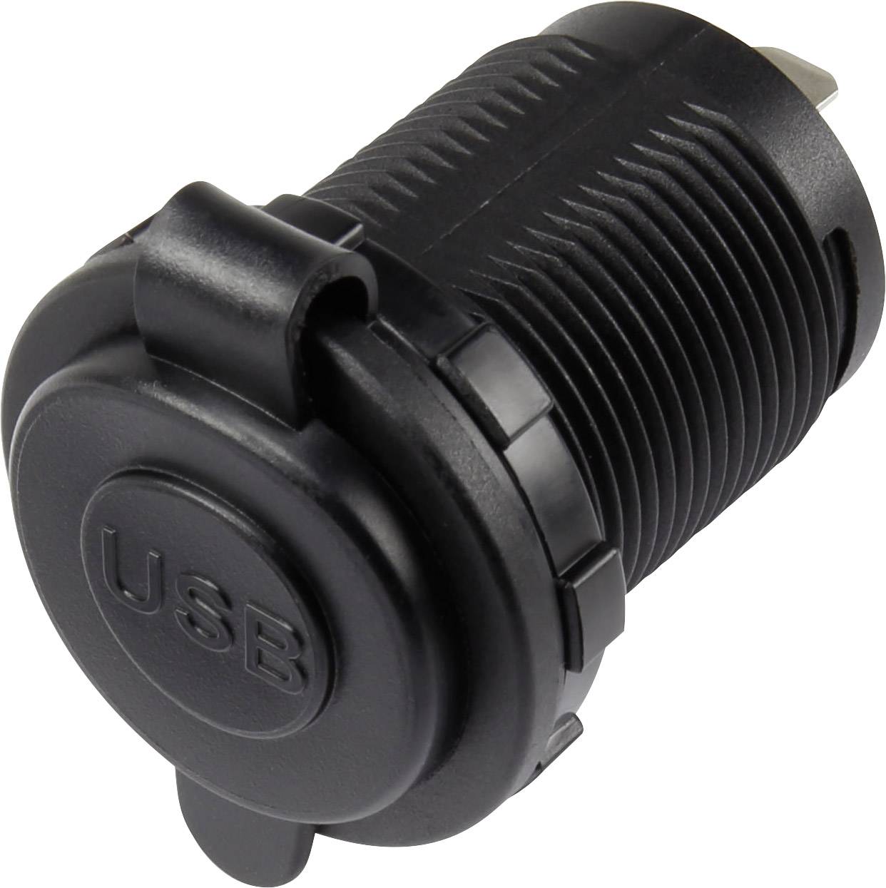 USB-Doppeleinbaubuchse mit Staubschutzkappe Buchse, Einbau vertikal 2-fach, Front rund Ø 36.8 mm, mit blauer Beleuchtung 1229307