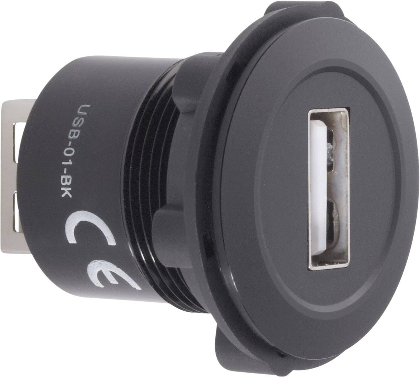 Schwarzer USB-Anschlussadapter mit Beschriftung 'USB-01-BK' und 'CE'. Geeignet zum Einbau in eine Wand oder eine Fläche.