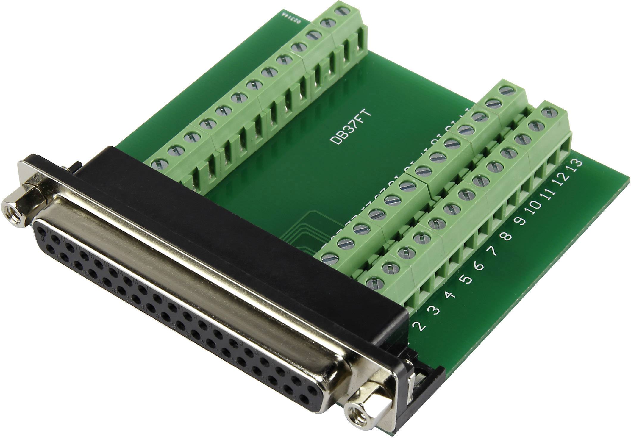 Eine grüne Leiterplatte mit einem DB37-Stecker, umgeben von nummerierten grünen Klemmleisten.