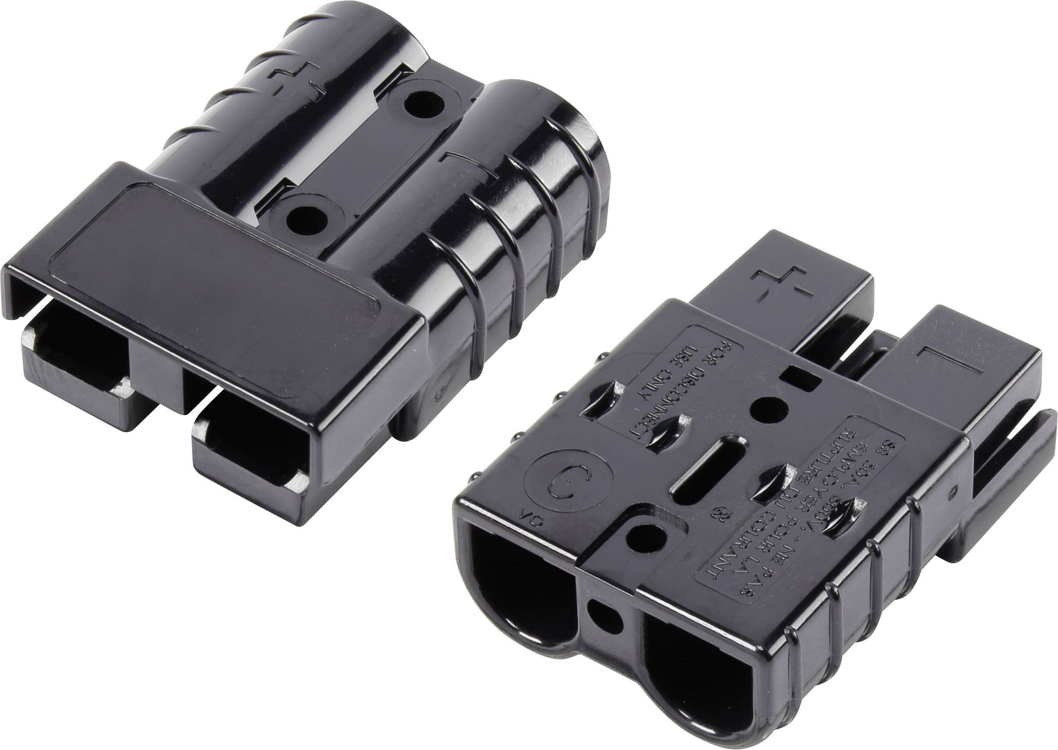 Zwei schwarze elektrische Steckverbinder, nebeneinander liegend, jeweils mit zwei Anschlussöffnungen und strukturiertem Design.