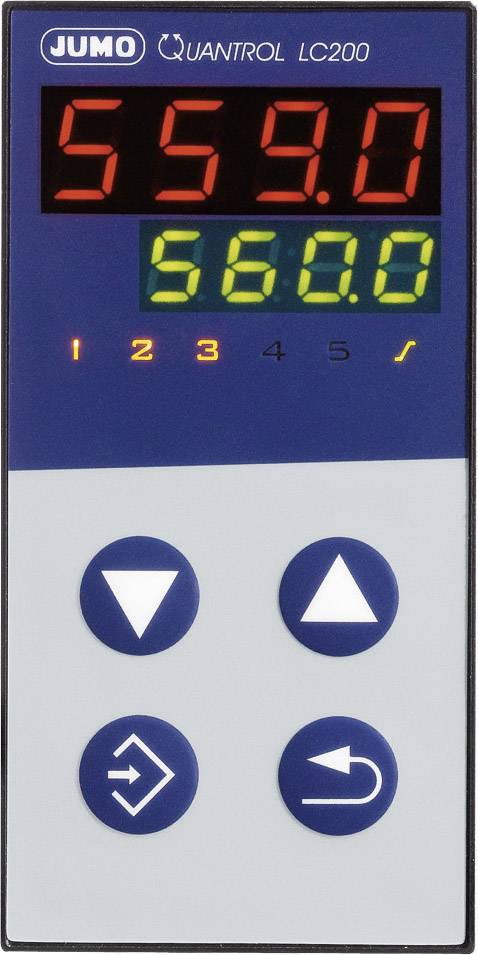 Ein digitales Anzeigegerät mit dem Titel 'JUMO Quantrol LC200'. Zeigt die Zahl 559,0 in Rot und 560,0 in Grün. Hat Steuertasten unten.