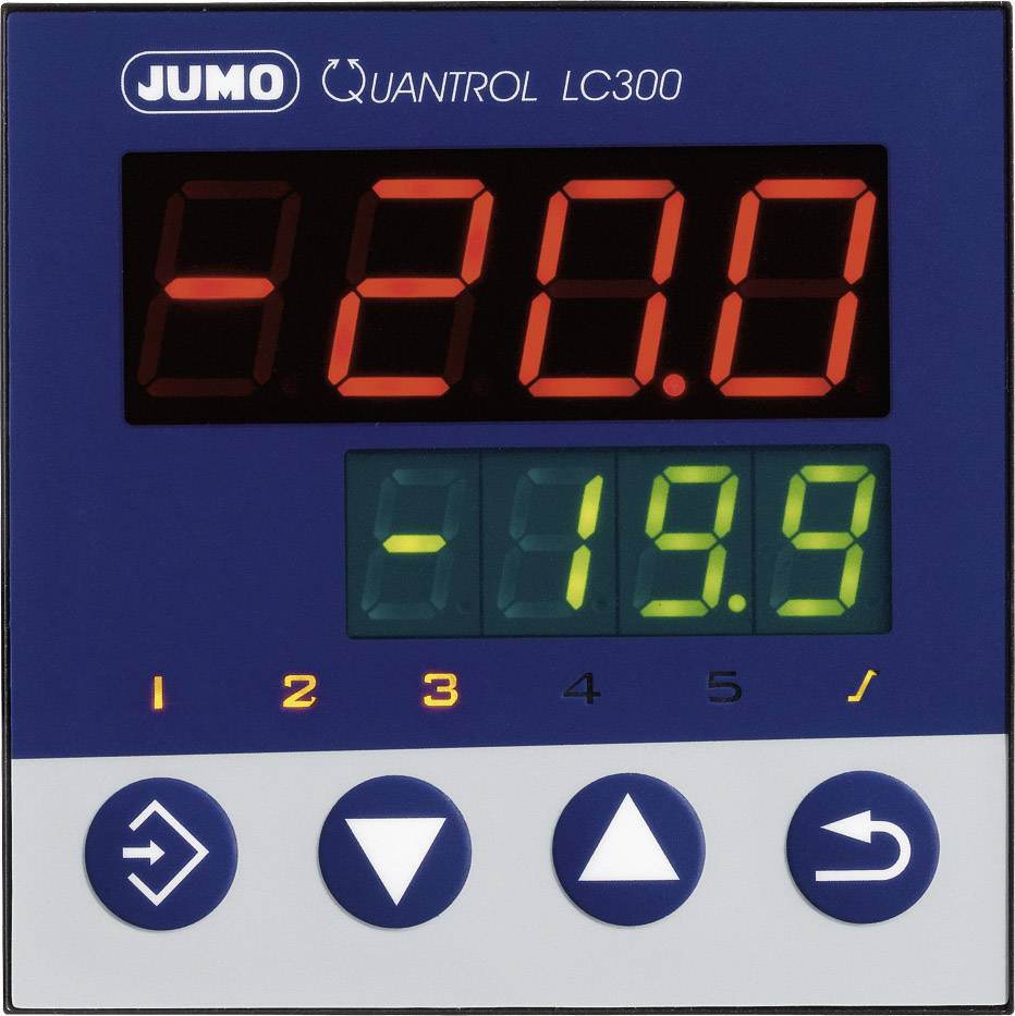 Anzeige eines JUMO QUANTROL LC300 Controllers mit zwei digitalen Zahlen: '220.0' in Rot und '-19.9' in Grün. Verschiedene Navigationssymbole unten.
