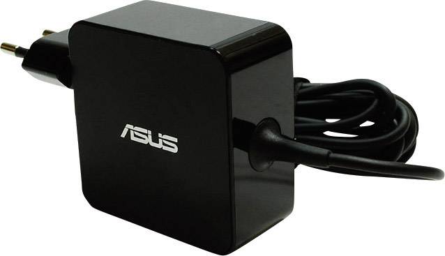 Schwarzes Asus-Laptop-Netzteil mit Kabel und EU-Stecker, seitliche Ansicht.