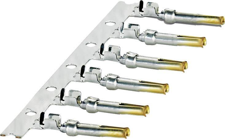 Metallischer Verbindungsstecker mit sechs Steckern, angeordnet in einer Reihe.