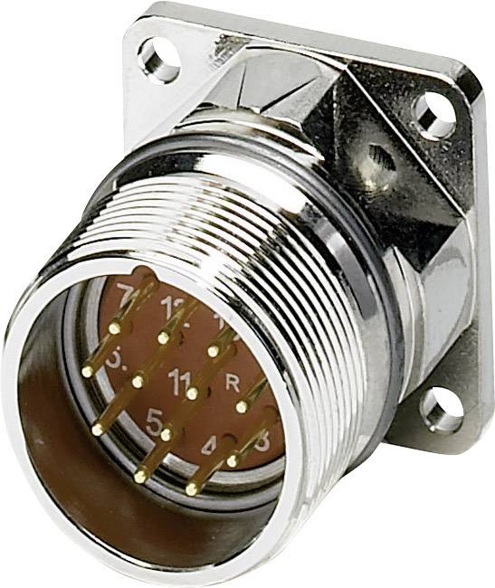 Ein Metallstecker mit mehreren goldenen Pins, montiert an einer quadratischen Basis, vermutlich für elektronische Geräte oder Maschinen.