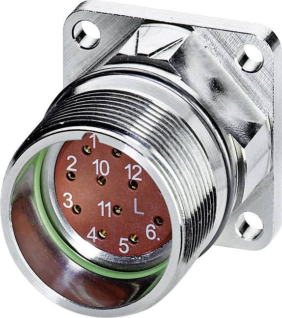 Ein silberner, runder Stecker mit nummerierten Anschlüssen von 1 bis 12 auf rotem Hintergrund, montiert auf einer rechteckigen Platte.