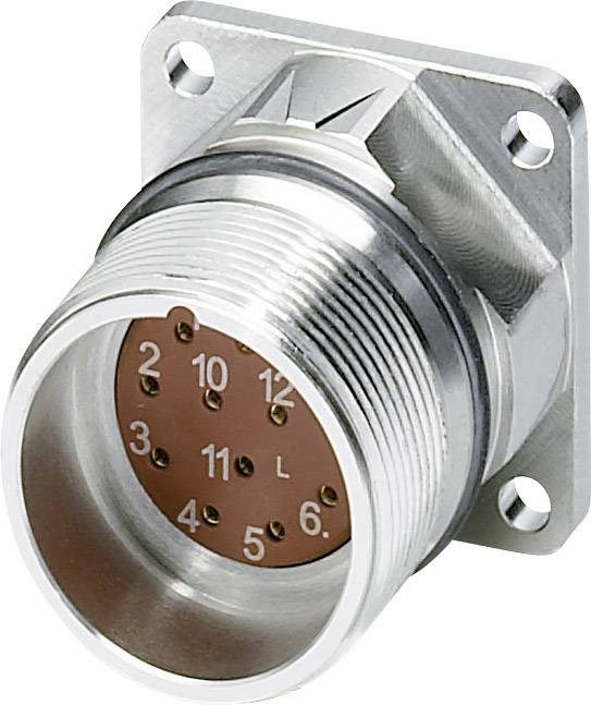 Ein zylindrischer Metallstecker mit mehreren nummerierten Pins, montiert auf einer quadratischen Basis mit vier Schraublöchern.