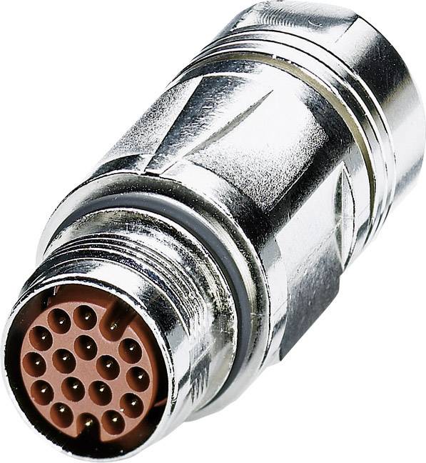 Ein silberner, zylindrischer Stecker mit rotem Innenleben, das mehrere runde Anschlüsse zeigt, vermutlich für industrielle Anwendungen.