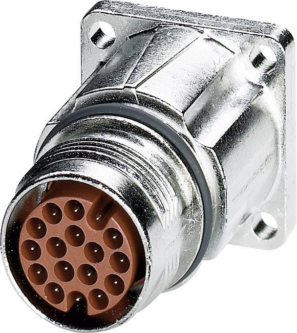 Ein silberner, zylindrischer Steckverbinder mit mehreren rund angeordneten Metallstiften, befestigt auf einer quadratischen Platte.