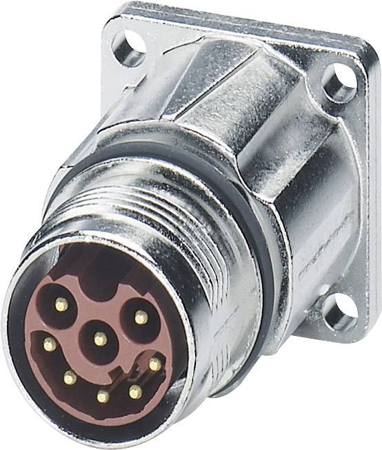 Ein runder Metall-Stecker mit mehreren vergoldeten Kontakten und einem viereckigen Befestigungsflansch.