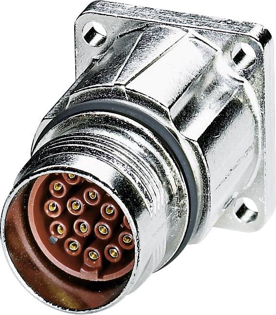Metallischer Steckverbinder mit mehreren Pins, montiert auf einer quadratischen Basis. Verwendet für elektrische Verbindungen.