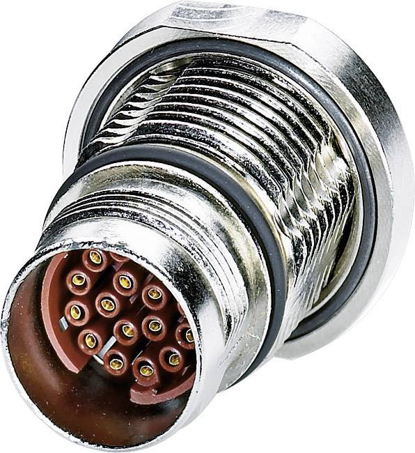 Ein runder, mehrpoliger Metallstecker mit mehreren goldenen Kontaktstiften, geeignet für elektrische Verbindungen in Industrieanwendungen.