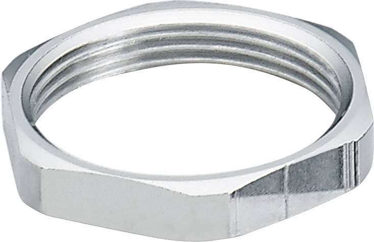 Metallische Sechskantmutter mit Innengewinde, glänzende Oberfläche.