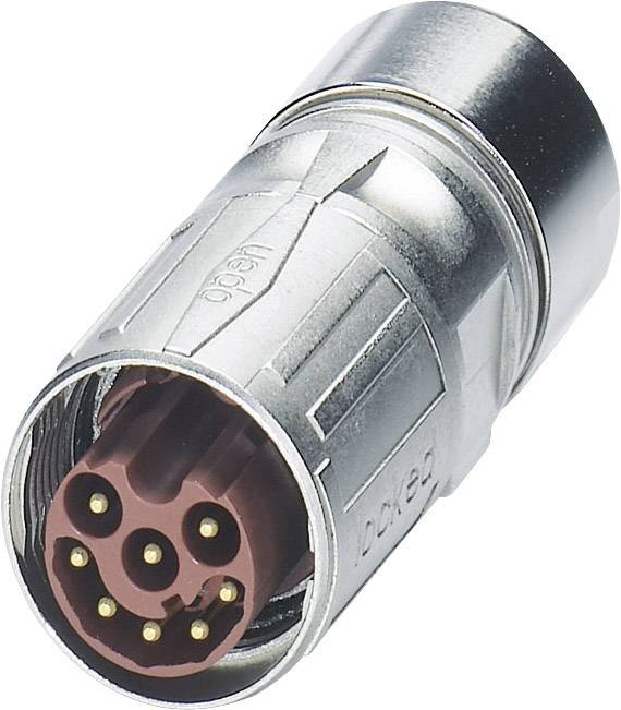 Ein silberner Metallstecker mit fünf goldfarbenen Stiften, Beschriftung 'locked' zeigt mechanischen Verschluss an, Nahaufnahme.