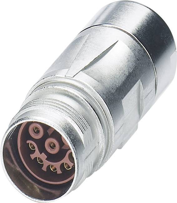 Ein silberner, zylindrischer elektrischer Stecker mit mehreren kleinen Pins und einem Gewindeende zur Befestigung.