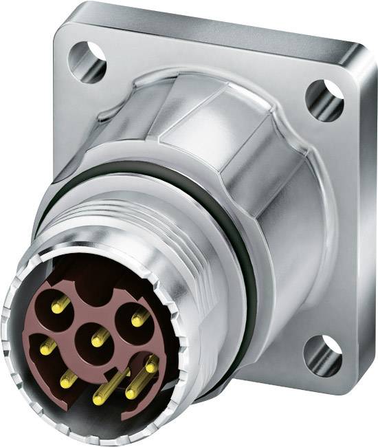 Ein runder, metallischer Steckverbinder mit mehreren goldenen Pins, montiert auf einer quadratischen Platte mit vier Schraubenlöchern.