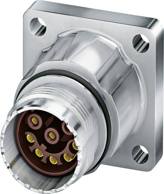 Ein glänzender Metallstecker mit mehreren goldfarbenen Kontakten, in einer quadratischen Halterung befestigt. Geeignet zur elektrischen Verbindung.