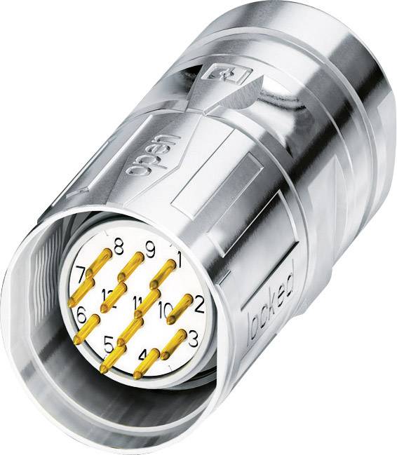 Ein silberner Steckverbinder mit acht goldenen Kontakten, nummeriert von 1 bis 8. Auf der Oberfläche sind die Wörter 'open' und 'locked' eingraviert.