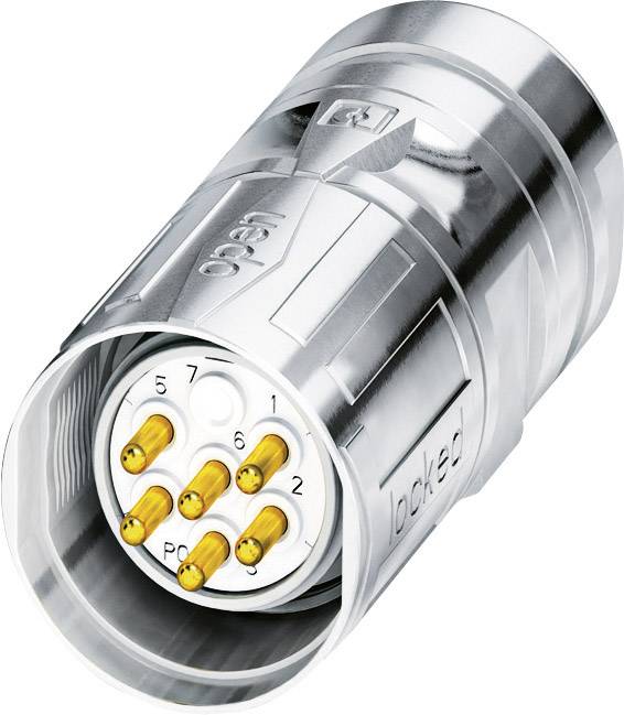 Ein silberner Stecker mit sechs goldenen Stiften, nummeriert von 1 bis 6. Der Stecker ist beschriftet mit 'locked' und 'open'.