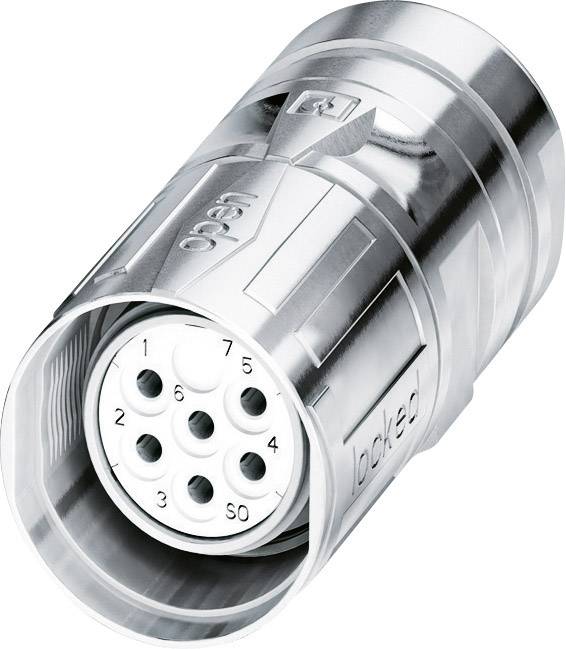 Ein silberfarbener, zylindrischer Stecker mit sieben sichtbaren Anschlüssen. Auf der Außenseite ist 'locked' und 'up' eingraviert.