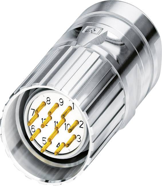 Silberner zylinderförmiger Steckverbinder mit nummerierten, goldfarbenen Kontakten, passend für industrielle Anwendungen.