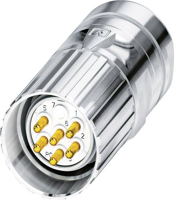 Ein silberfarbener, runder Stecker mit sechs goldenen Pins, nummeriert von 1 bis 7, und einem markierten Pfeil auf der Außenseite.